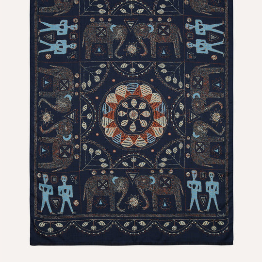 Navy Embroidered Elephant Print Wool Silk Scarf