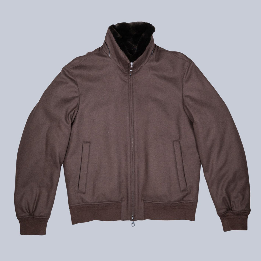 Brown Fur Collar Wool Bomber Jacket