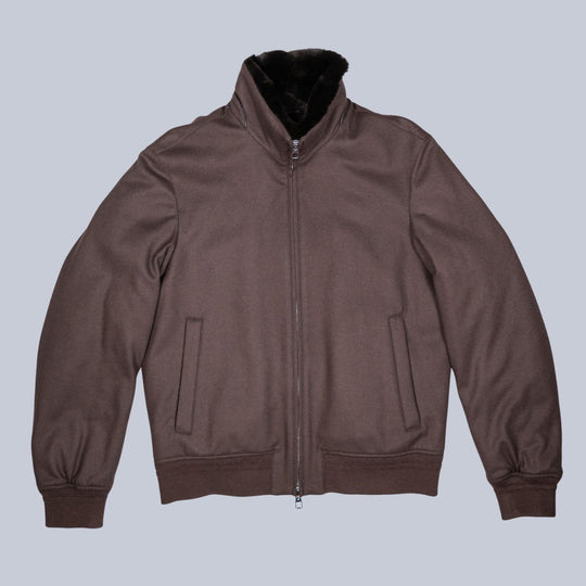 Brown Fur Collar Wool Bomber Jacket