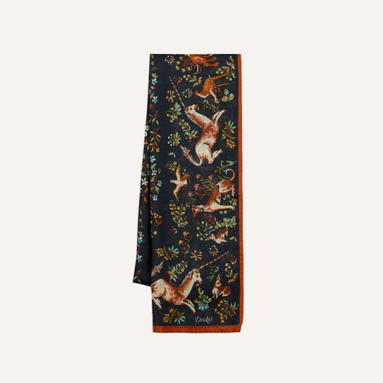 Navy Unicorn Garden Print Wool Silk Scarf