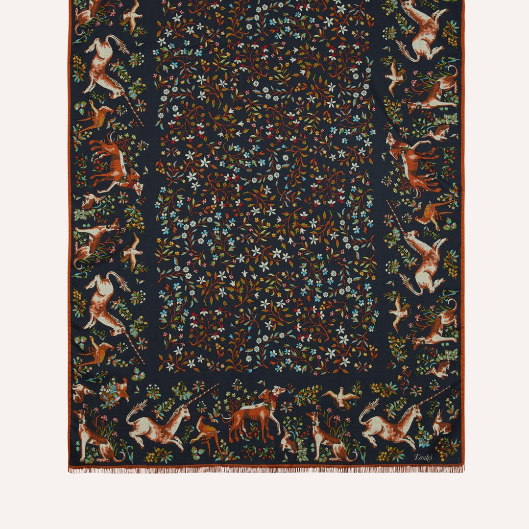 Navy Unicorn Garden Print Wool Silk Scarf