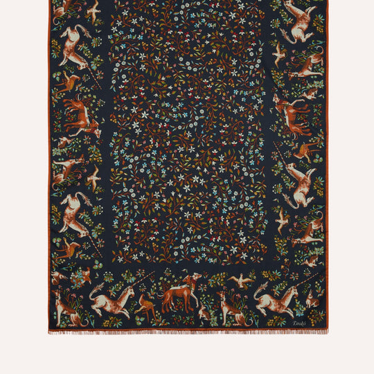 Navy Unicorn Garden Print Wool Silk Scarf
