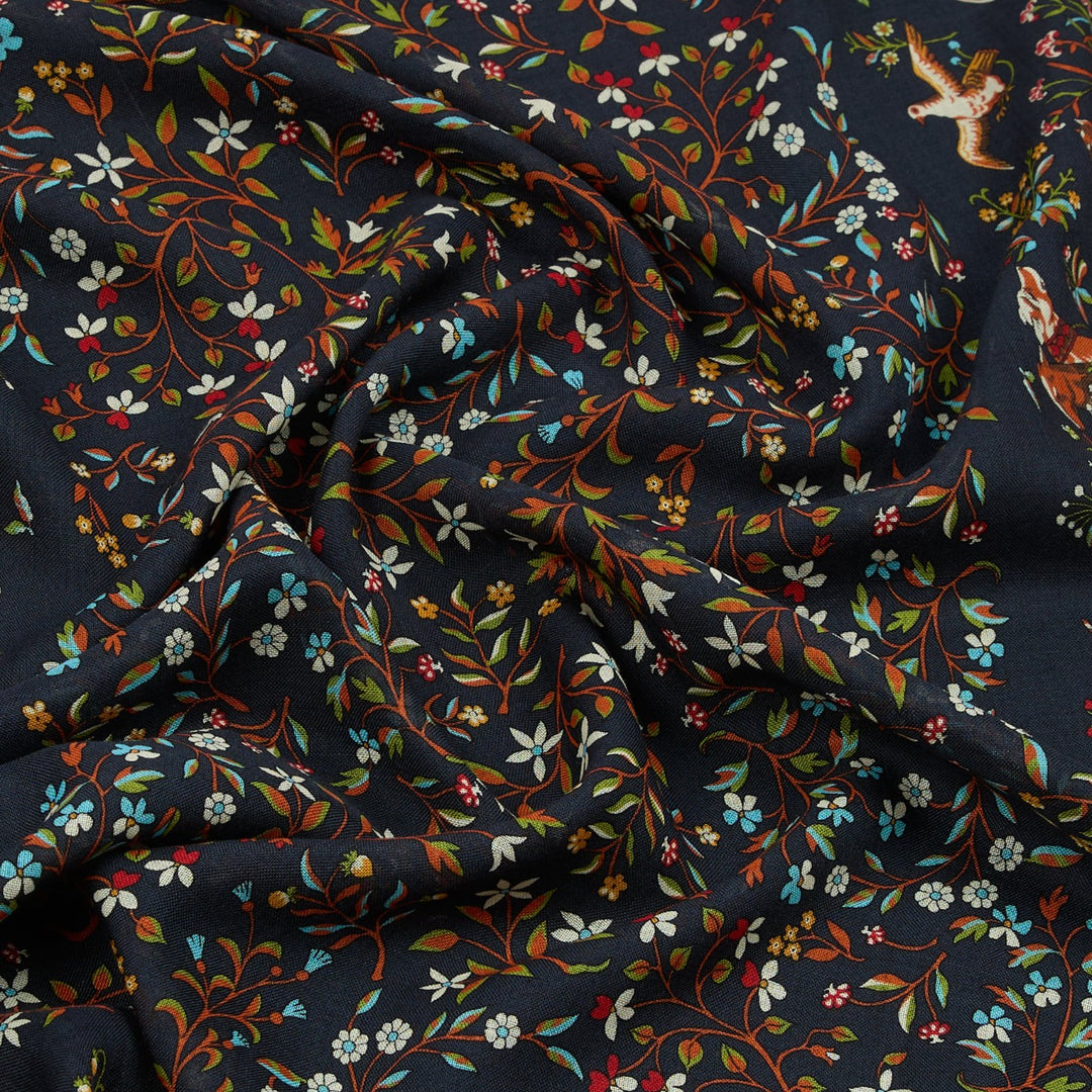 Navy Unicorn Garden Print Wool Silk Scarf