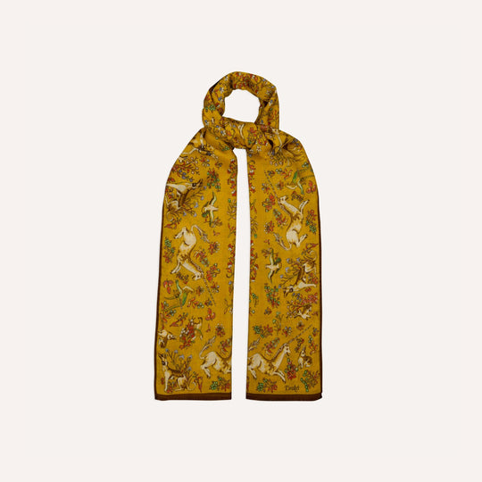 Yellow Unicorn Garden Print Wool Silk Scarf
