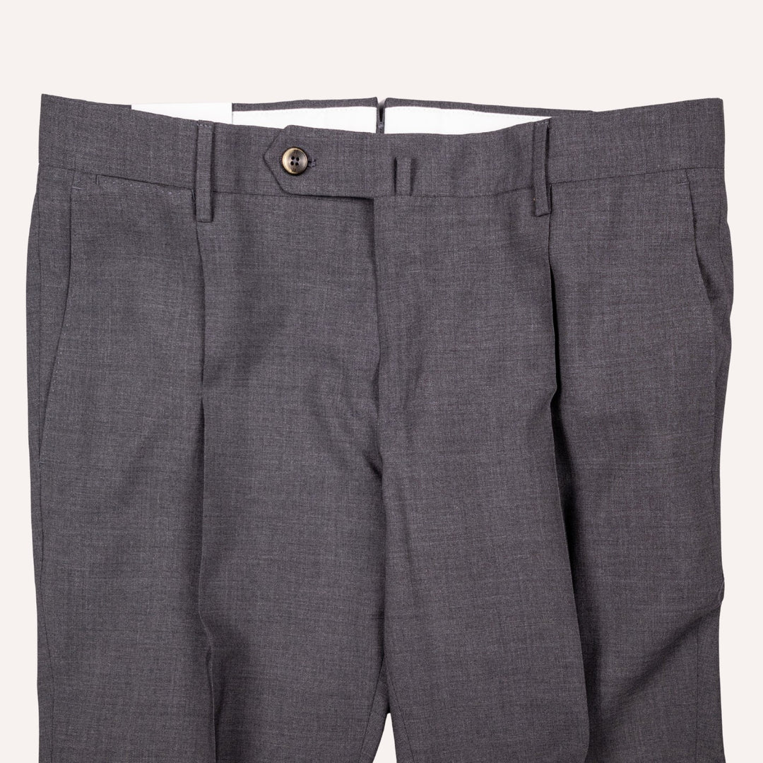 Grey Tropical Wool Pleated Slim Fit Trousers