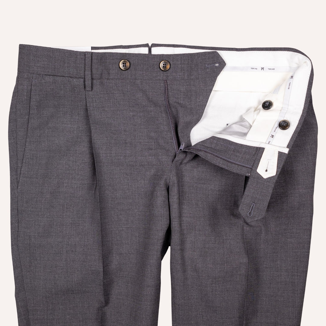 Grey Tropical Wool Pleated Slim Fit Trousers