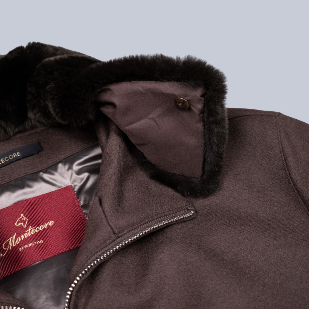 Brown Fur Collar Wool Bomber Jacket