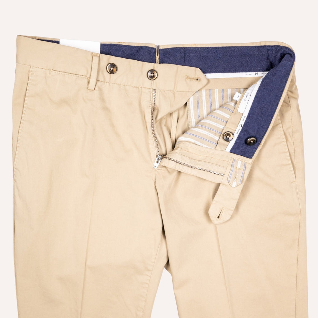 Beige Cotton Silk Slim Fit Chino Trouser