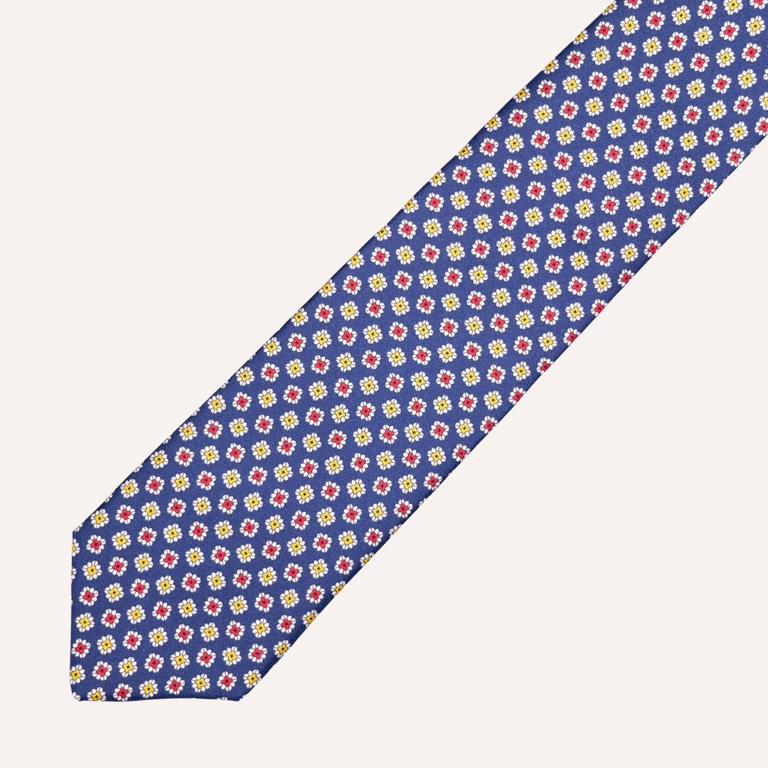 Blue Flower Geometric Pattern Silk Tie