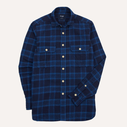 Navy & Blue Slub Brushed Cotton Work Shirt