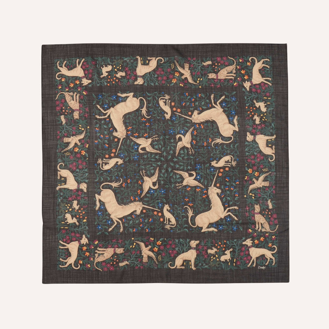 Black Unicorn Garden Wool Silk Square Scarf