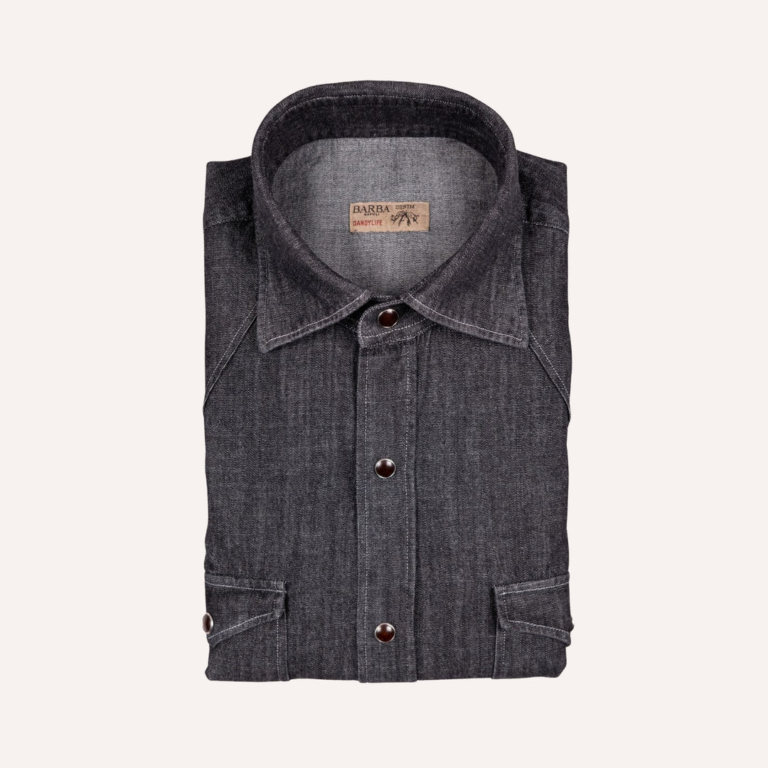 Washed Black Denim Western Shirt - Slim Fit