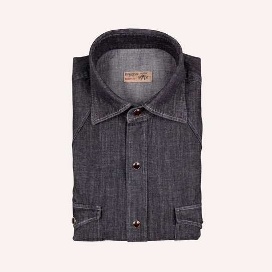 Washed Black Denim Western Shirt - Slim Fit