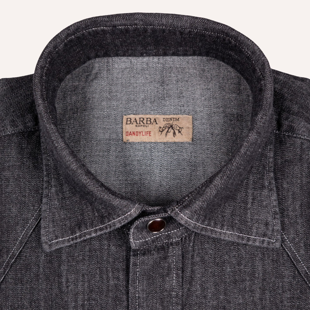 Washed Black Denim Western Shirt - Slim Fit