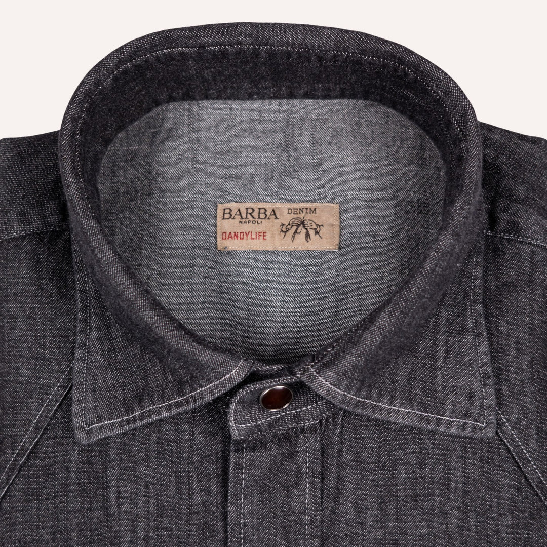 Washed Black Denim Western Shirt - Slim Fit