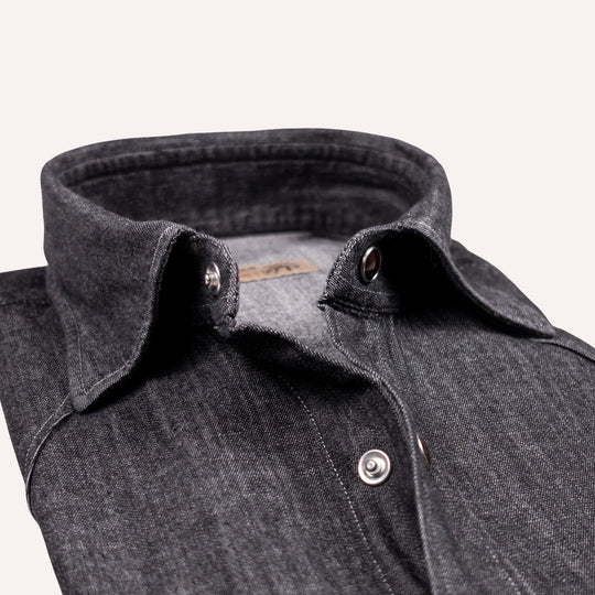 Washed Black Denim Western Shirt - Slim Fit