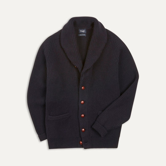 Navy Lambswool Shawl Collar Rib Cardigan