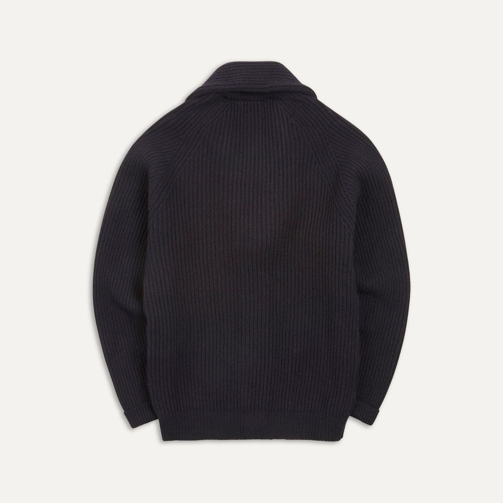 Navy Lambswool Shawl Collar Rib Cardigan