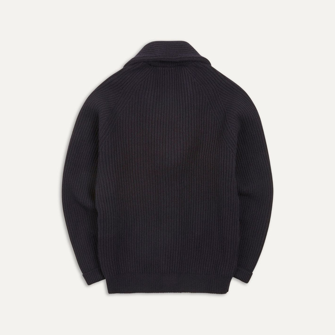 Navy Lambswool Shawl Collar Rib Cardigan