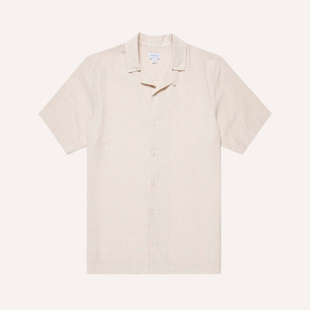 Ecru Loose Weave Check Camp Collar Shirt
