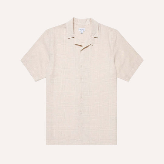 Ecru Loose Weave Check Camp Collar Shirt