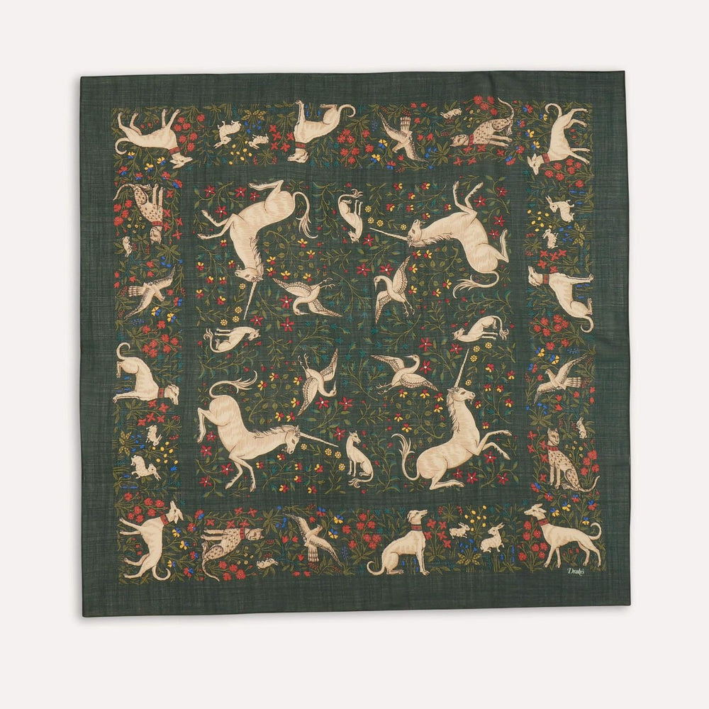 Green Unicorn Garden Wool Silk Square Scarf