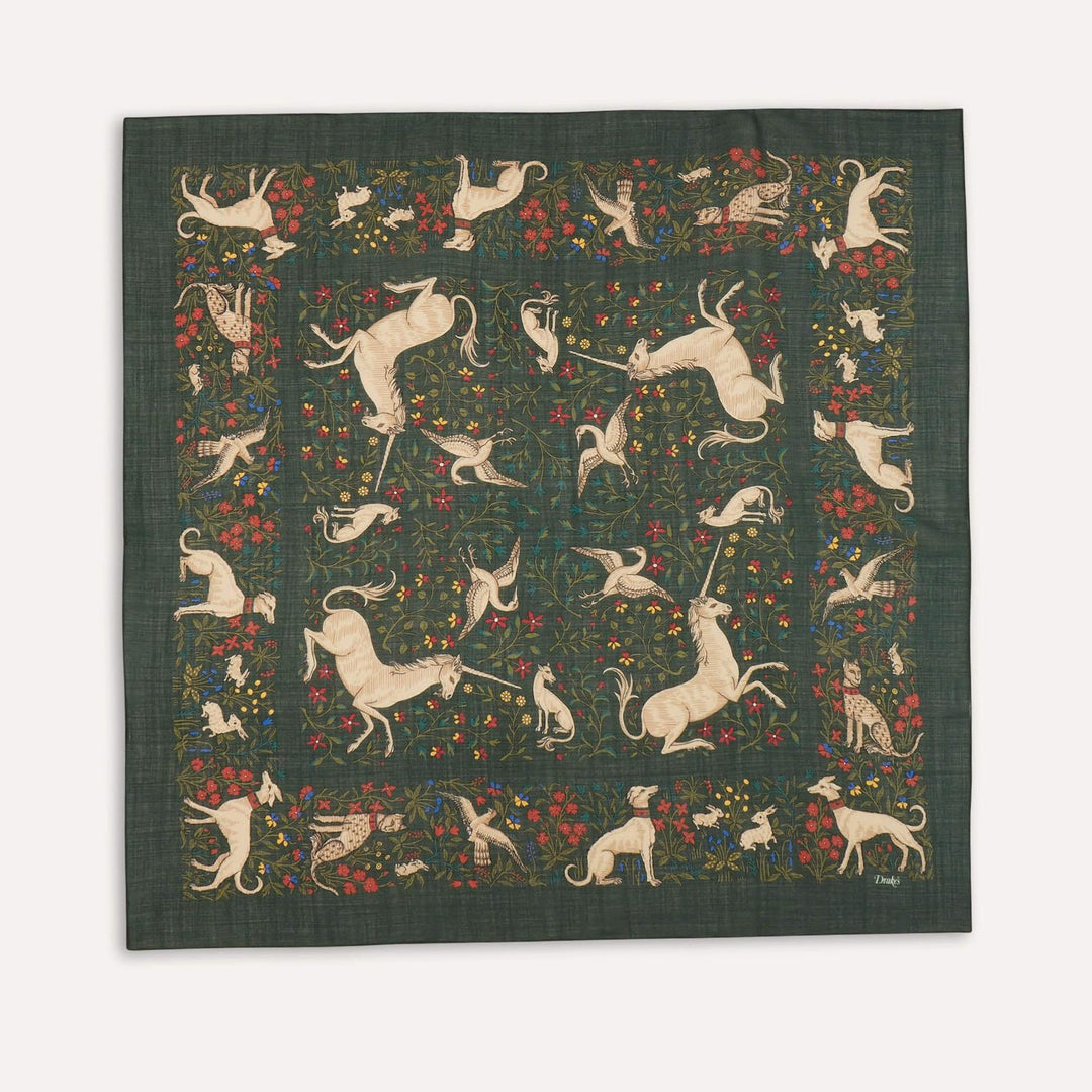 Green Unicorn Garden Wool Silk Square Scarf
