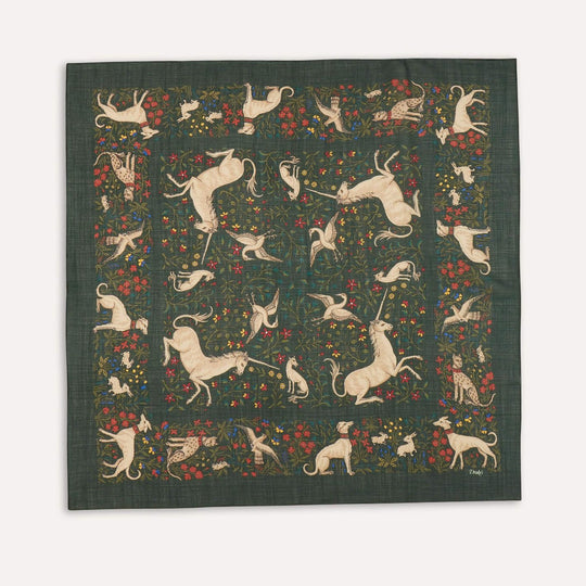 Green Unicorn Garden Wool Silk Square Scarf