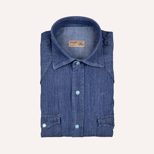Washed Navy Denim Western Shirt - Slim Fit