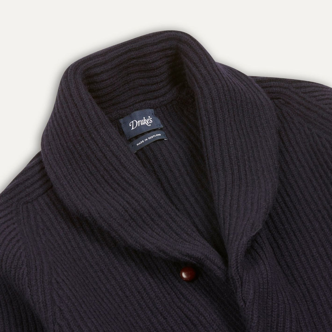Navy Lambswool Shawl Collar Rib Cardigan