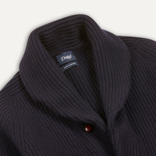 Navy Lambswool Shawl Collar Rib Cardigan