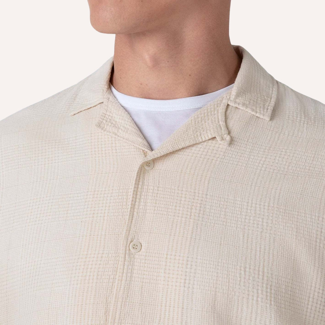 Ecru Loose Weave Check Camp Collar Shirt