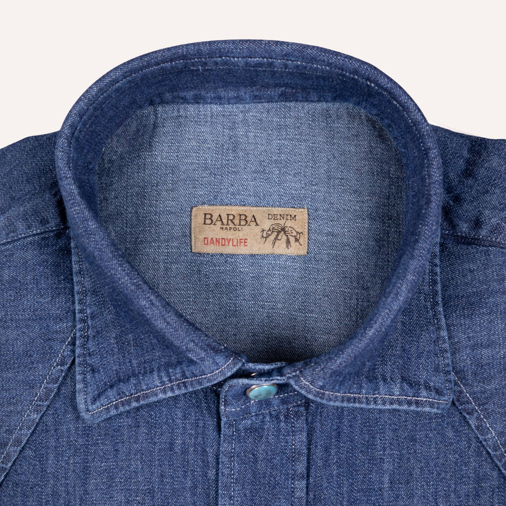 Washed Navy Denim Western Shirt - Slim Fit