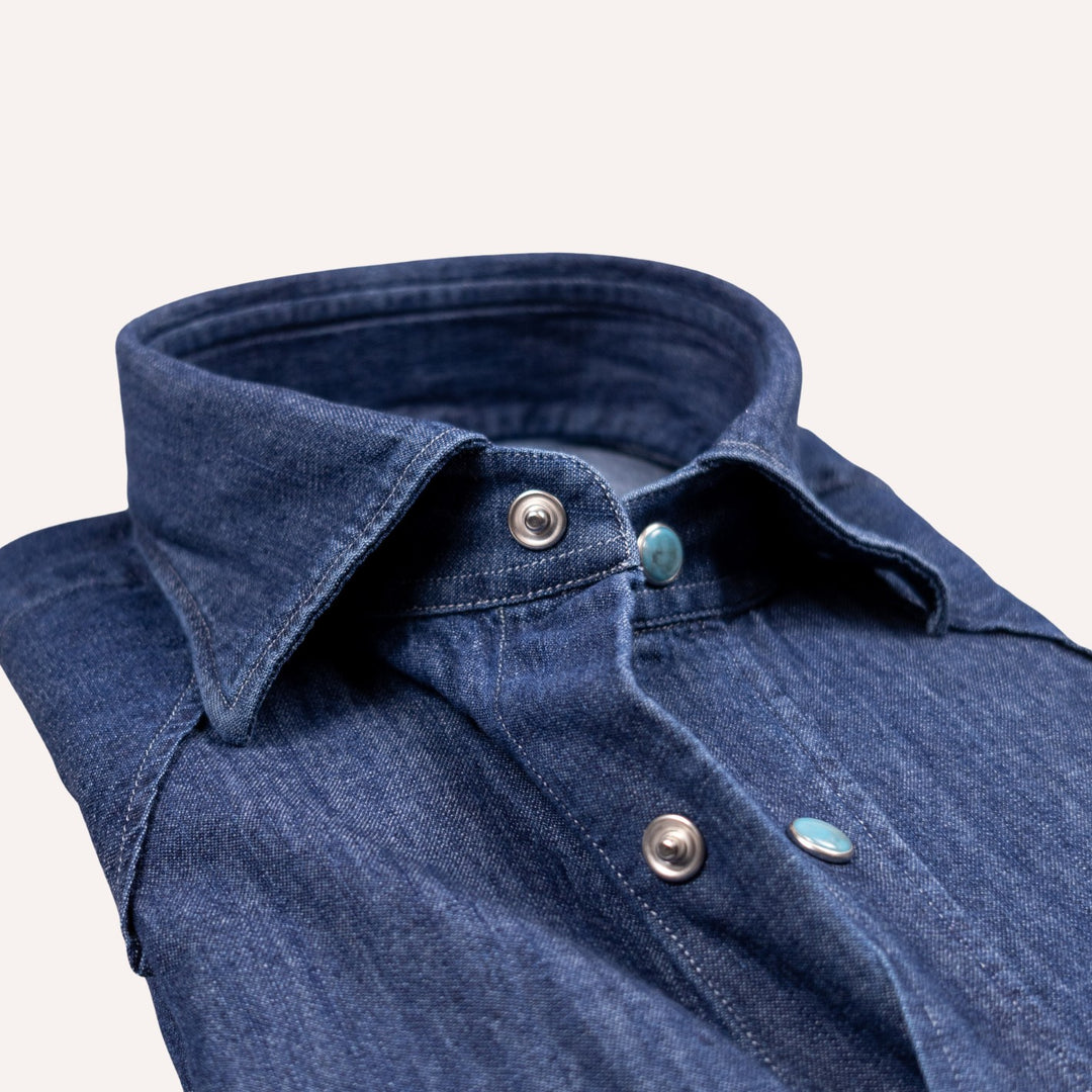 Washed Navy Denim Western Shirt - Slim Fit