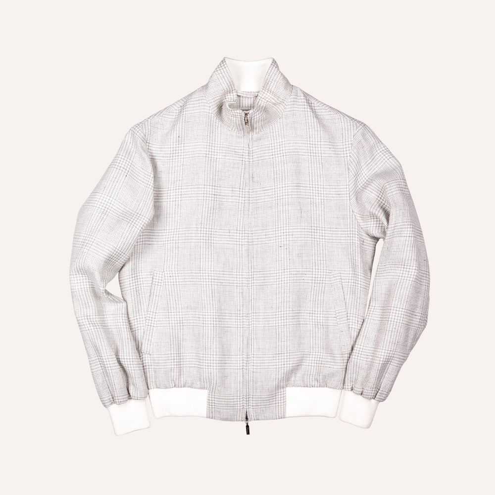 Grey Glencheck Linen Wool Bomber Jacket