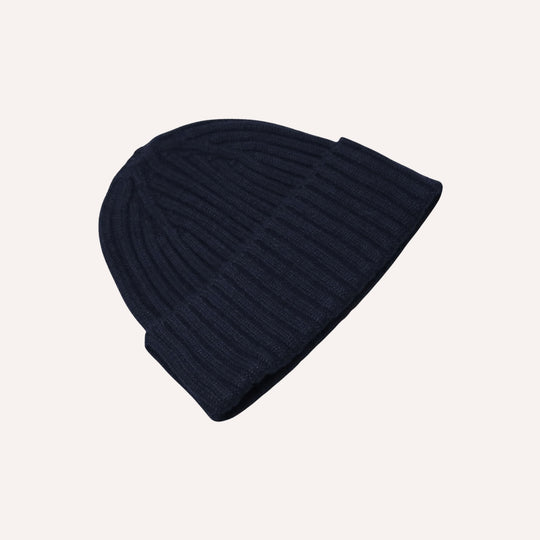 Navy Ribbed Cashmere Beanie