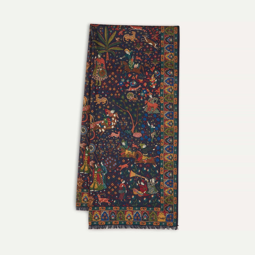 Navy Moghul Garden Wool Silk Scarf