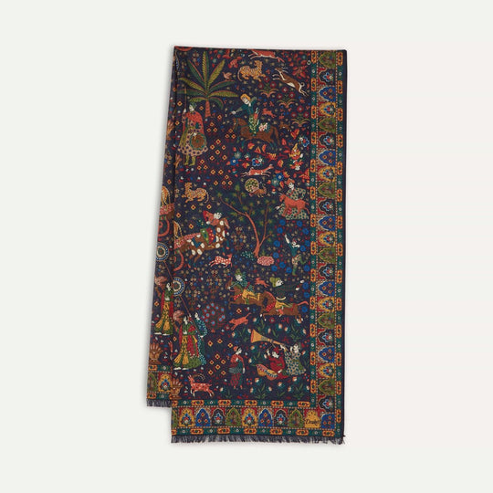Navy Moghul Garden Wool Silk Scarf
