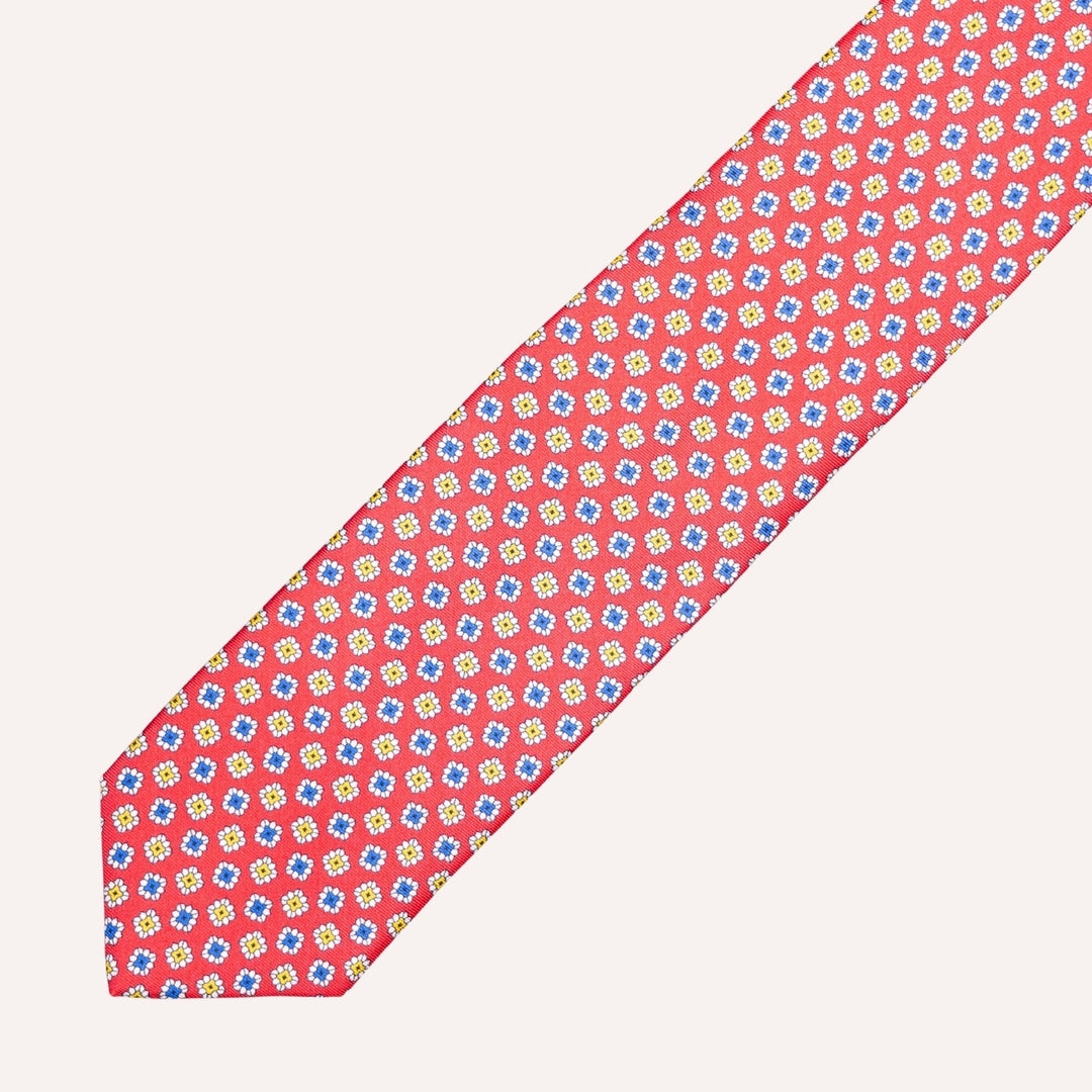 Red Flower Geometric Pattern Silk Tie