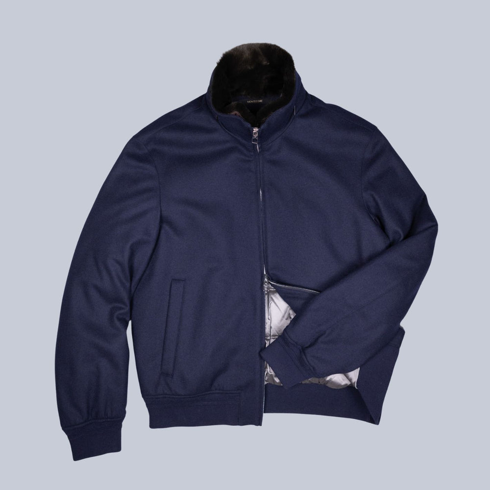 Navy Fur Collar Wool Bomber Jacket