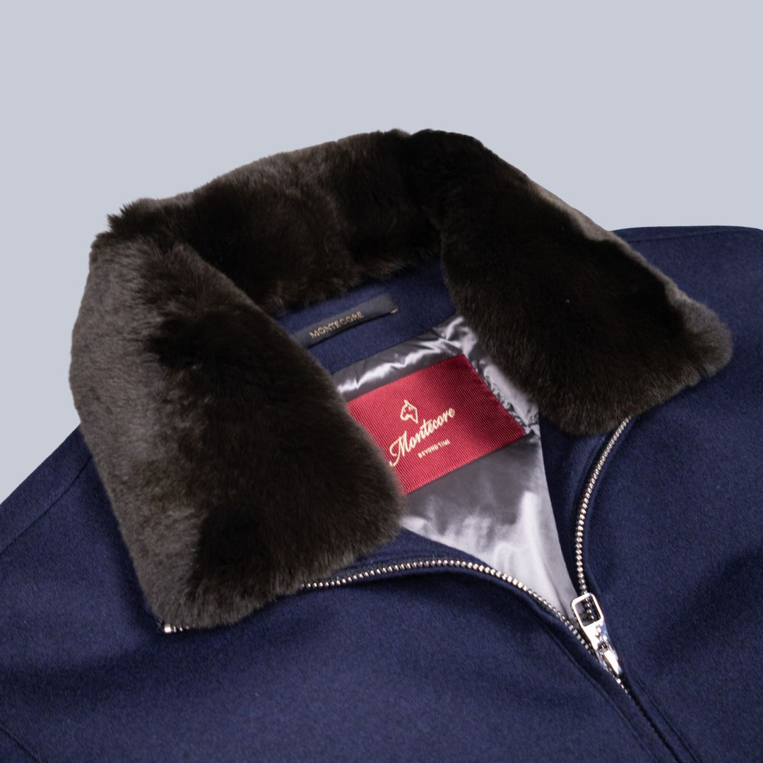Navy Fur Collar Wool Bomber Jacket