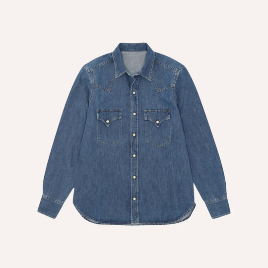 Blue Stone Wash Denim Western Shirt - Slim Fit