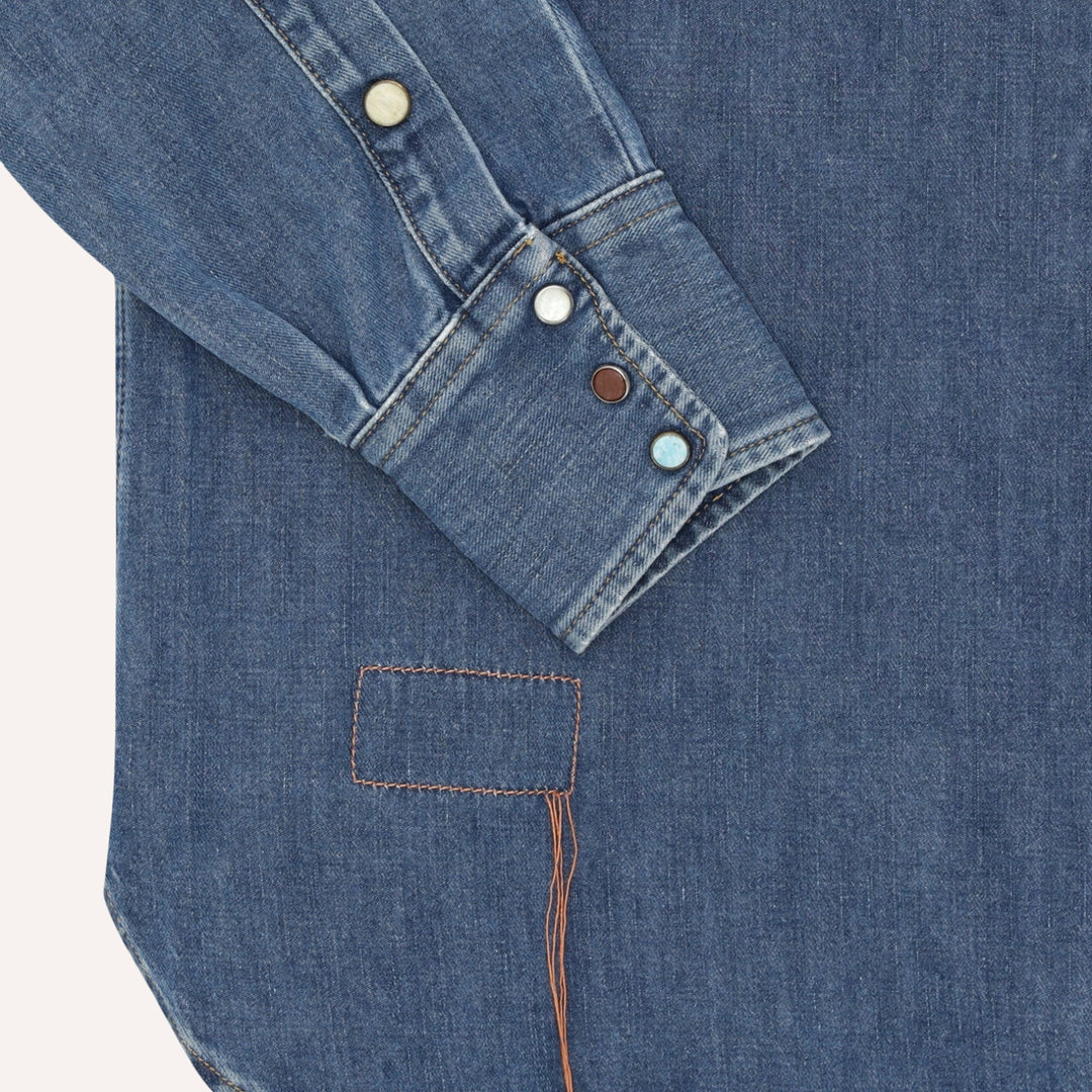 Blue Stone Wash Denim Western Shirt - Slim Fit