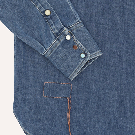 Blue Stone Wash Denim Western Shirt - Slim Fit