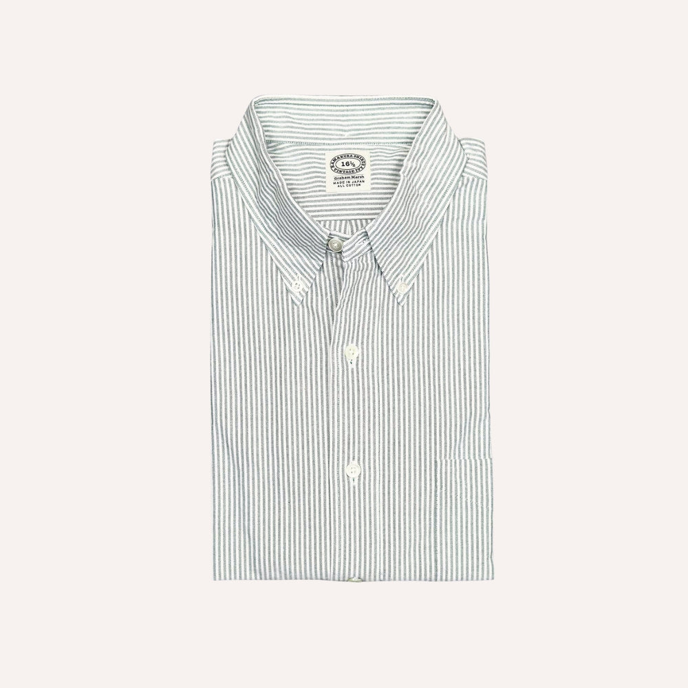 Green Striped Washed Oxford Button Down Shirt