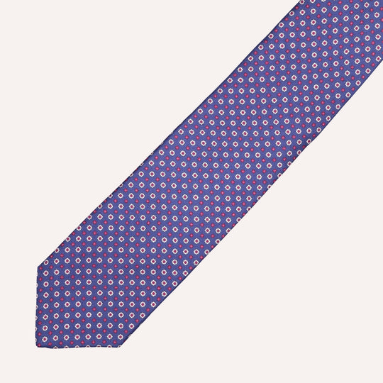 Blue Micro Flower Geometric Pattern Silk Tie