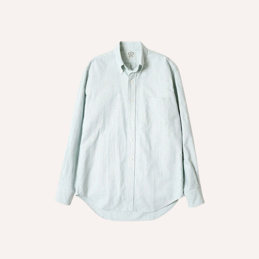 Green Striped Washed Oxford Button Down Shirt