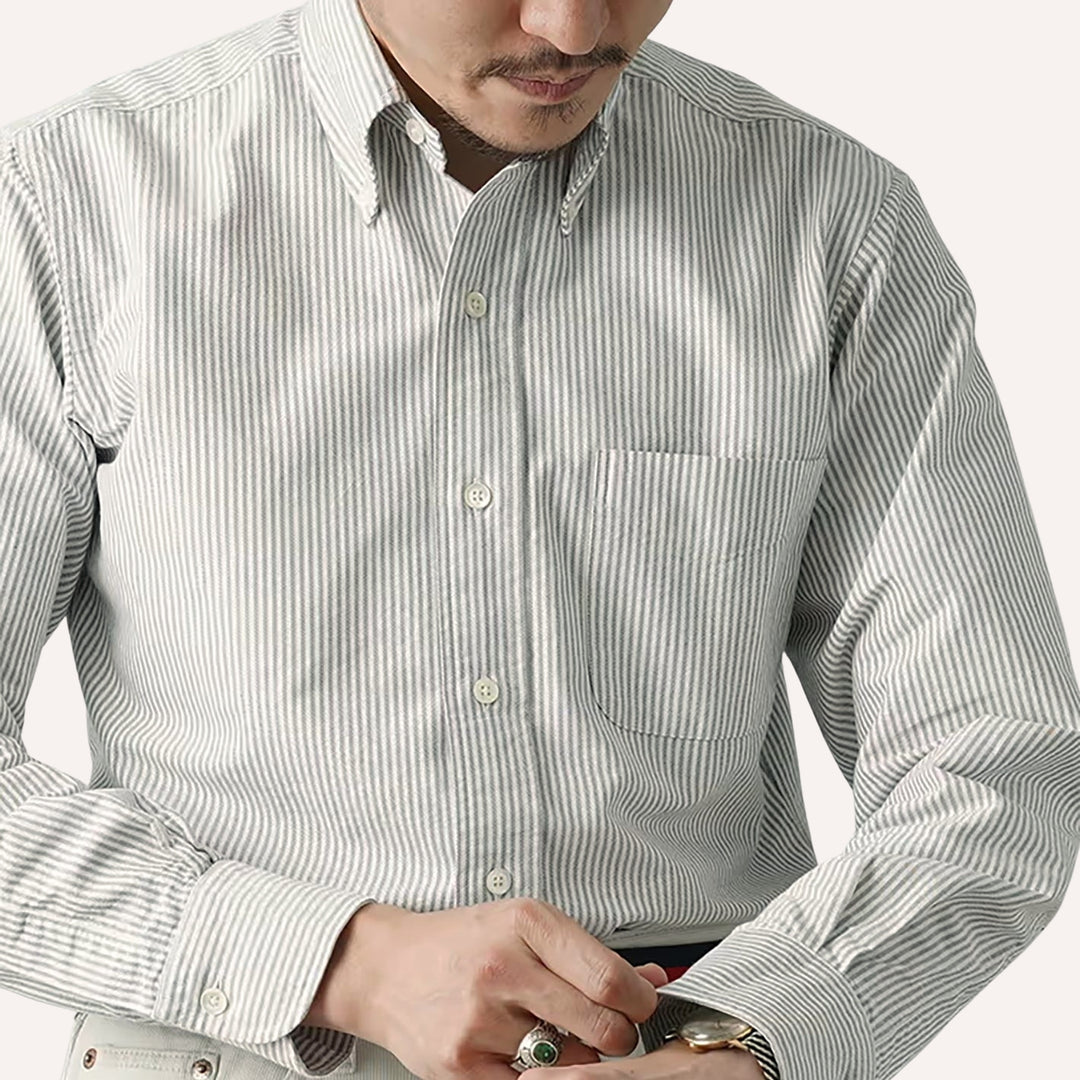 Green Striped Washed Oxford Button Down Shirt