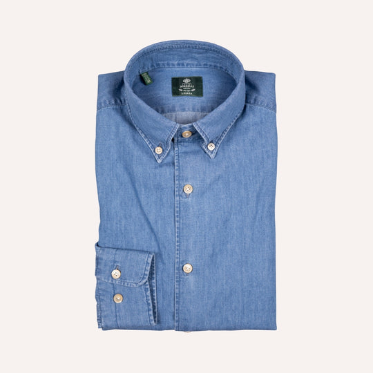 Washed Blue Denim Button Down Shirt - Slim Fit