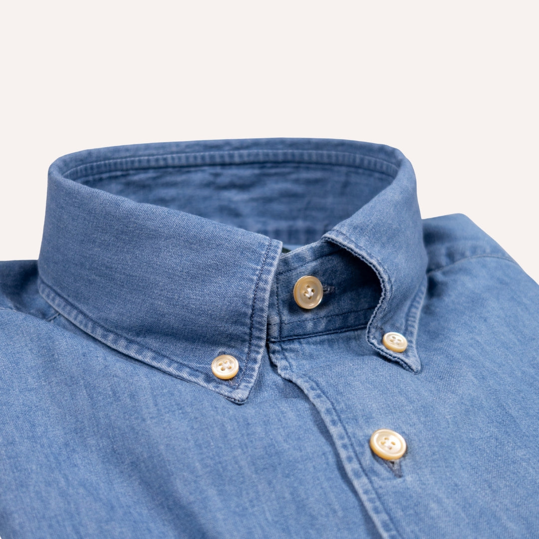 Washed Blue Denim Button Down Shirt - Slim Fit